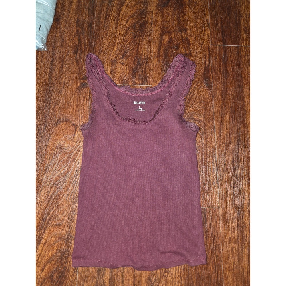 Hollister Lace Trim Ribbed Tank Top Women's S Long Burgundy Y2K Cami